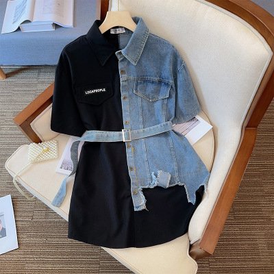 5138 # Denim Spliced Polo Neck Dress Summer New Korean Version Slim Irregular Mid length Shirt
