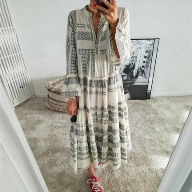 Bohemian Geometric Summer Print V Neck Long Sleeve Women Beach Holiday Maxi Dress