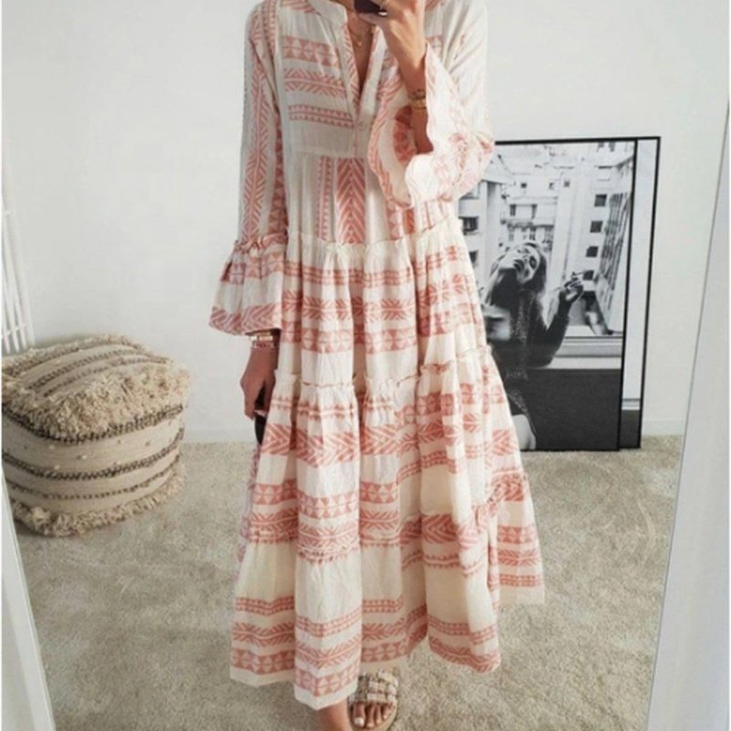 Bohemian Geometric Summer Print V Neck Long Sleeve Women Beach Holiday Maxi Dress