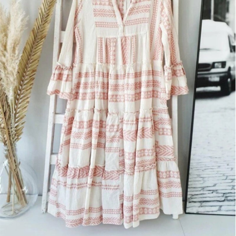 Bohemian Geometric Summer Print V Neck Long Sleeve Women Beach Holiday Maxi Dress