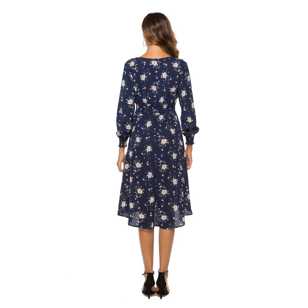 Sidiou Group Summer Maxi Dresses Women Ladies Casual Dress Chiffon Printed V-Neck Waist Long Sleeve Slim Dress Fashion Women