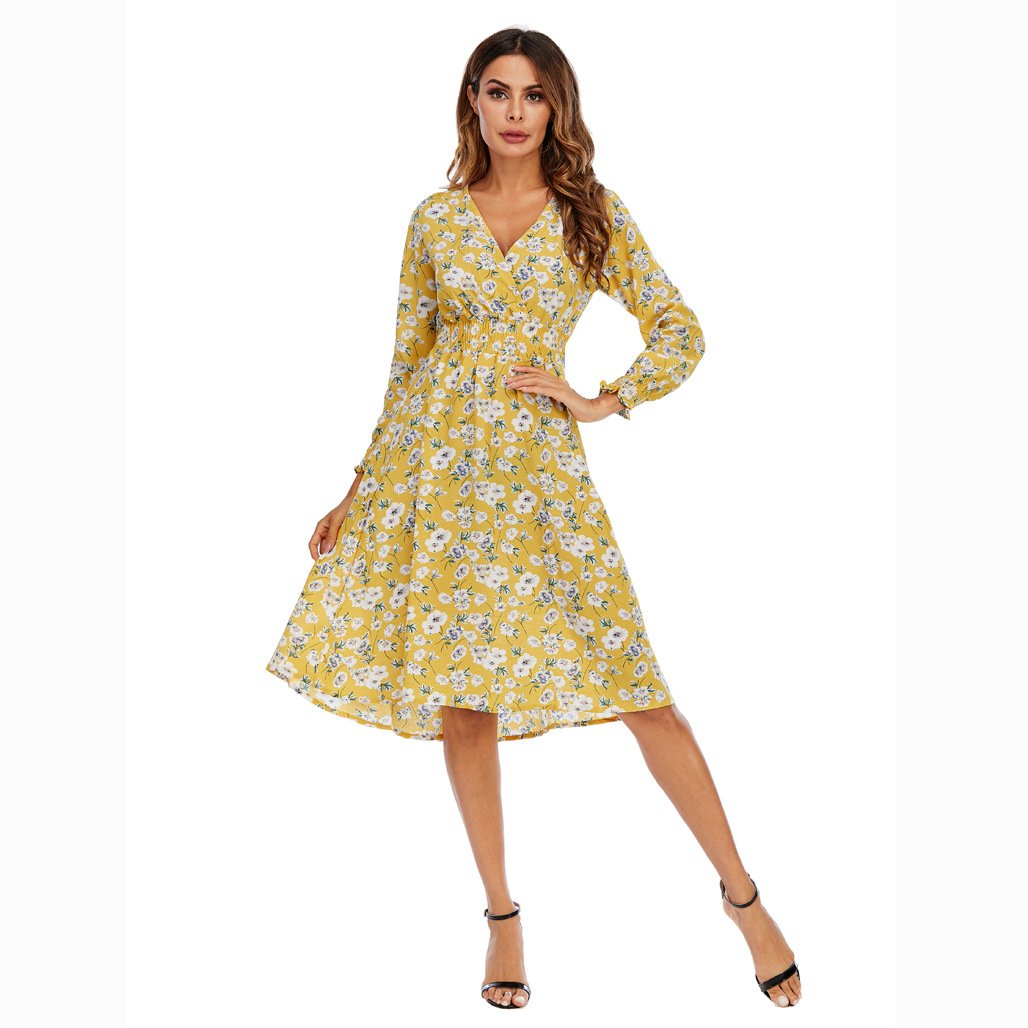Sidiou Group Summer Maxi Dresses Women Ladies Casual Dress Chiffon Printed V-Neck Waist Long Sleeve Slim Dress Fashion Women