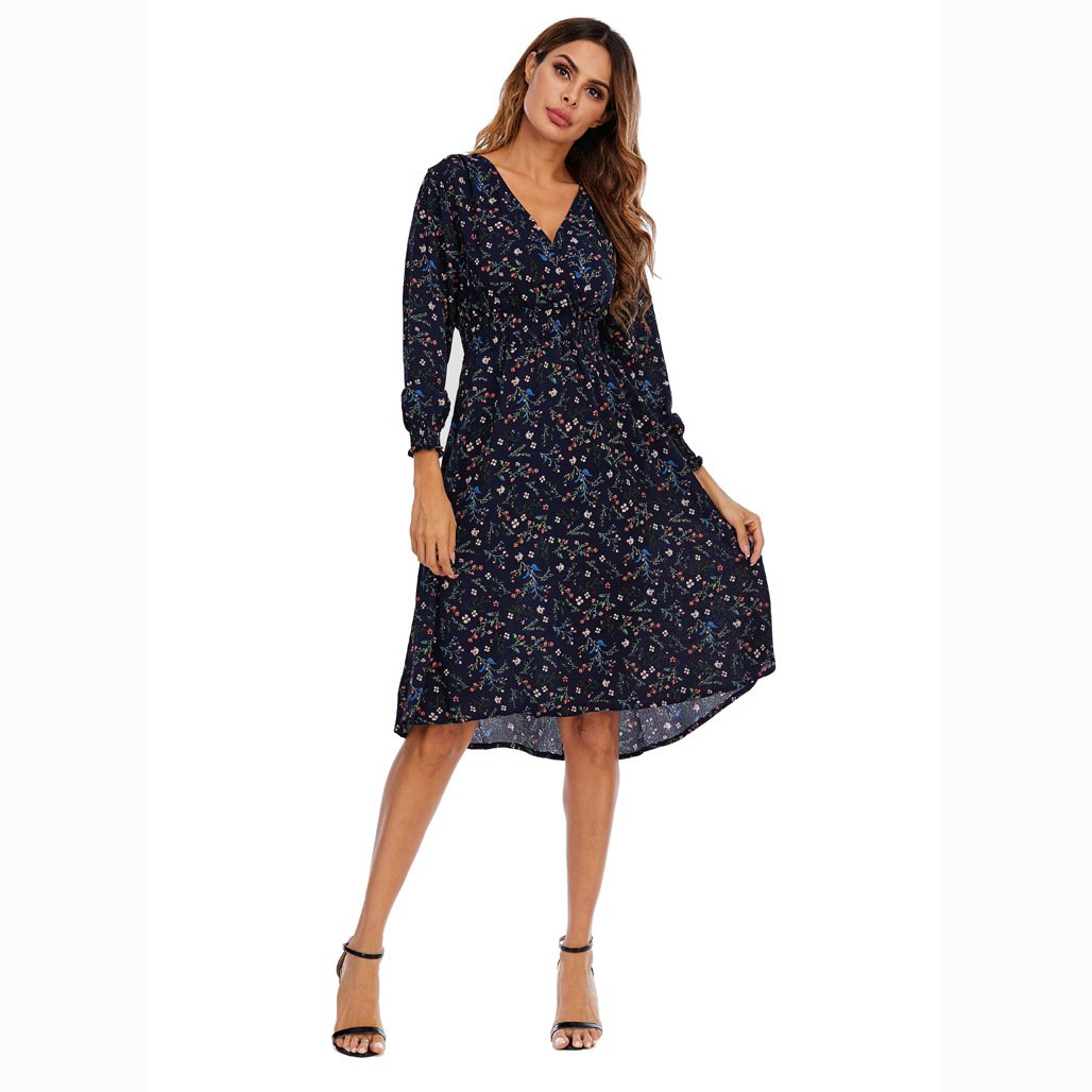 Sidiou Group Summer Maxi Dresses Women Ladies Casual Dress Chiffon Printed V-Neck Waist Long Sleeve Slim Dress Fashion Women