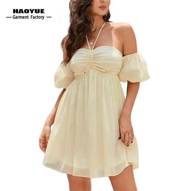 Clothing Manufacturers Custom Girls Classy Dress Womens Clothing Summer Removable Puff Sleeve Sexy Casual Dresses