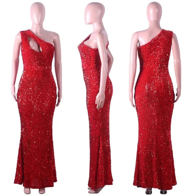 2022 nightclub red wear cutout sequined evening dress stretch bodycon eveningsexy sequin dress women for wedding