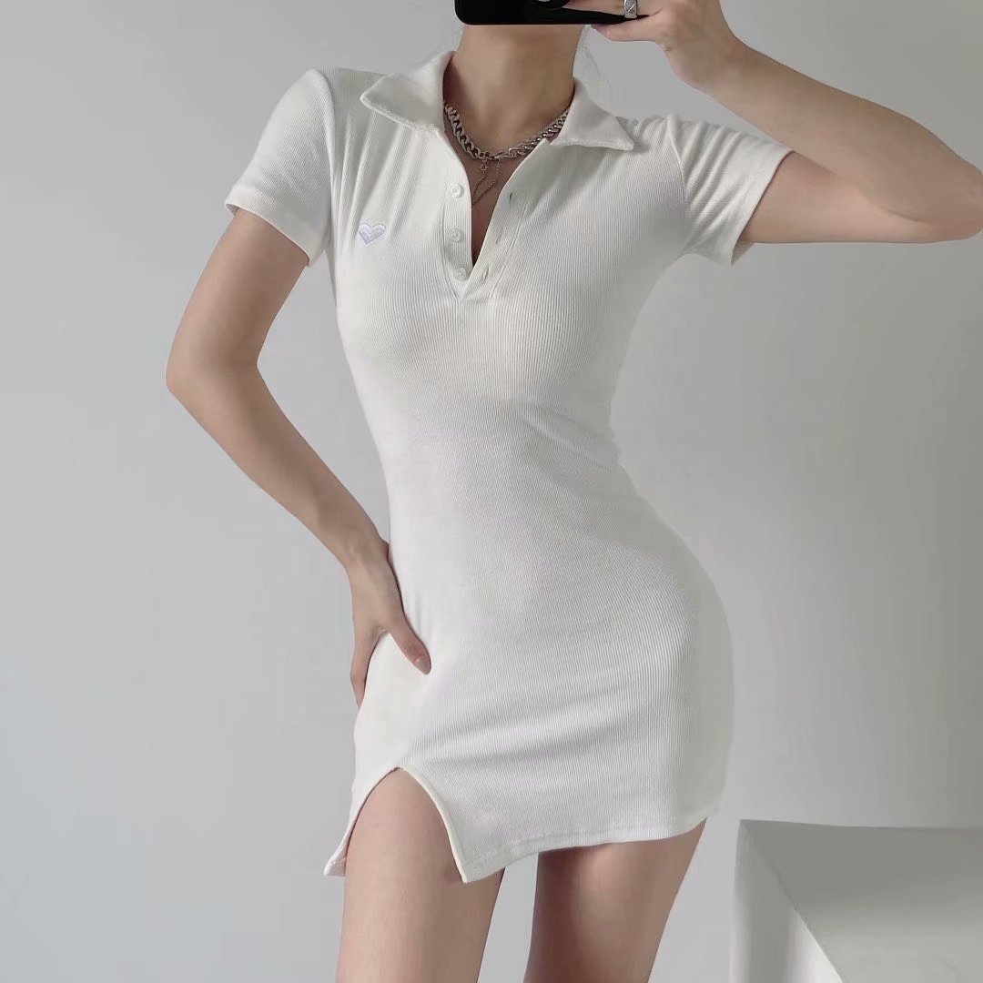 Latest Designs Summer Solid Print Stand Collar Button Bodycon High Slit Casual Dresses Women