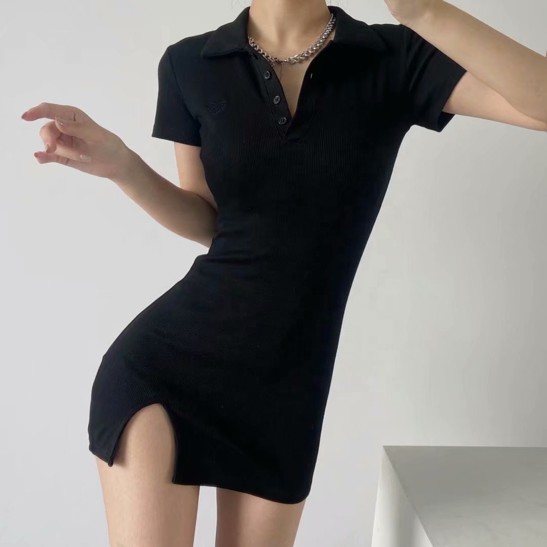 Latest Designs Summer Solid Print Stand Collar Button Bodycon High Slit Casual Dresses Women