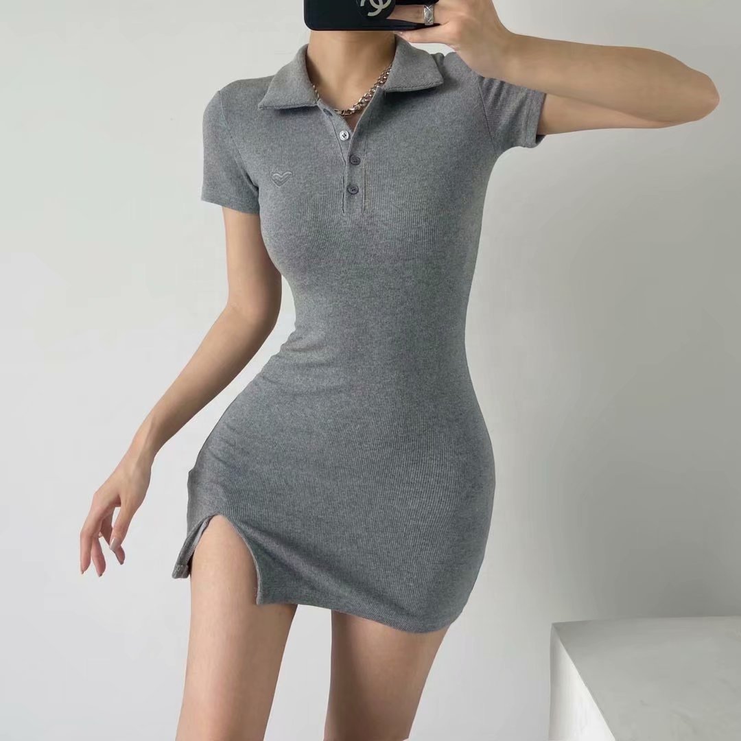 Latest Designs Summer Solid Print Stand Collar Button Bodycon High Slit Casual Dresses Women