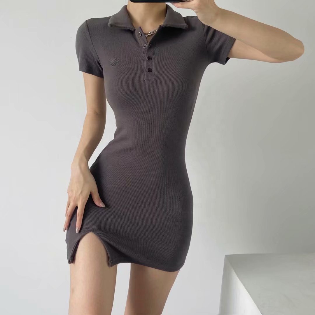 Latest Designs Summer Solid Print Stand Collar Button Bodycon High Slit Casual Dresses Women
