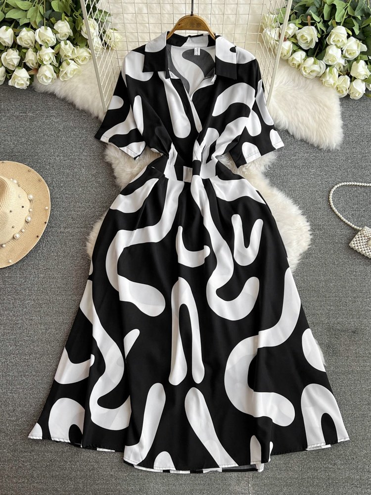 French Spring Summer New Chiffon V-Neck Long Dress Printed Women'S Casual Dresses