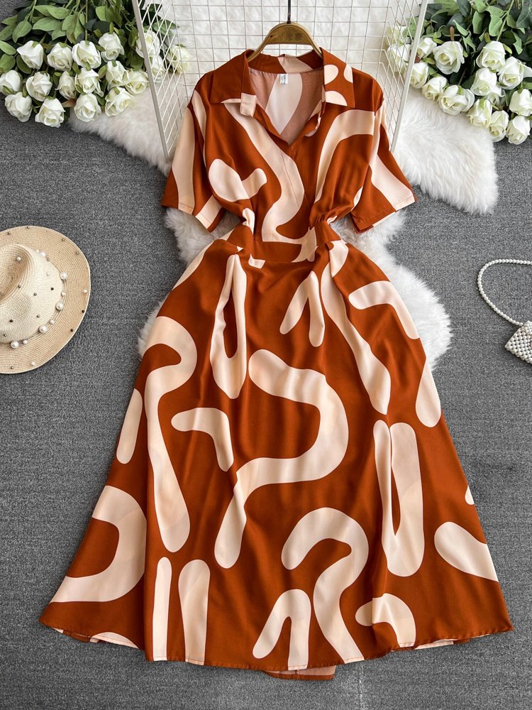 French Spring Summer New Chiffon V-Neck Long Dress Printed Women'S Casual Dresses