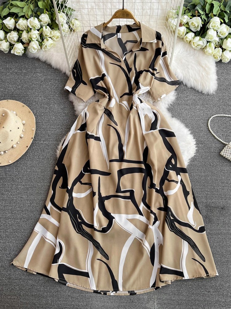 French Spring Summer New Chiffon V-Neck Long Dress Printed Women'S Casual Dresses