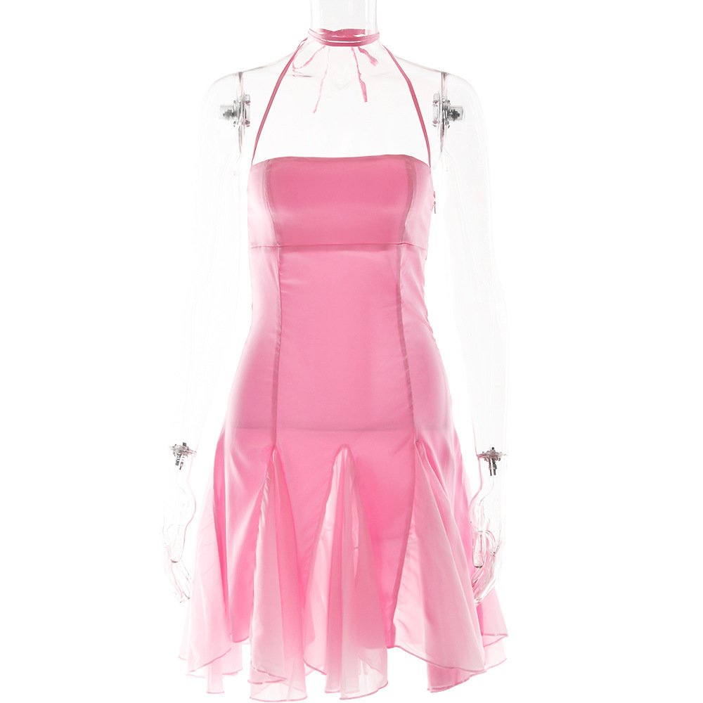 Custom PU and mesh patchwork sleeveless halter candy color fitted casual dress