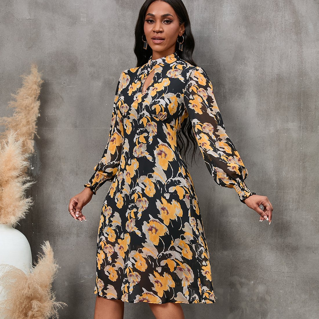 Custom Fashion fall women dresses ladies long sleeve print floral midi dresses elegant casual dresses women