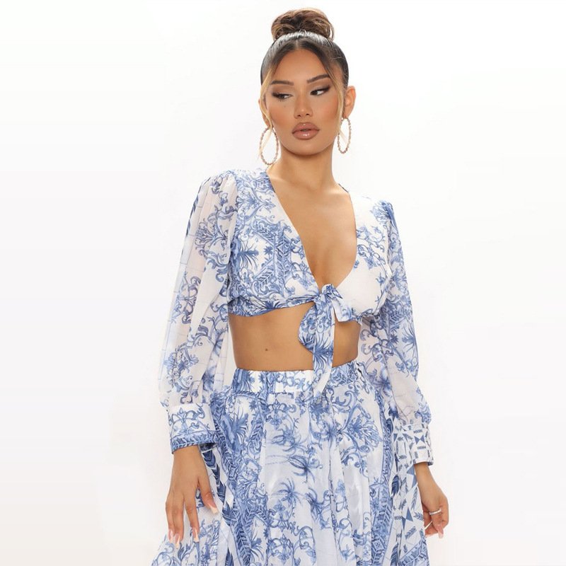 Hot sales pretty set 2 pieces dropped shoulder top with maxi women skirt floral pattern casual dresses