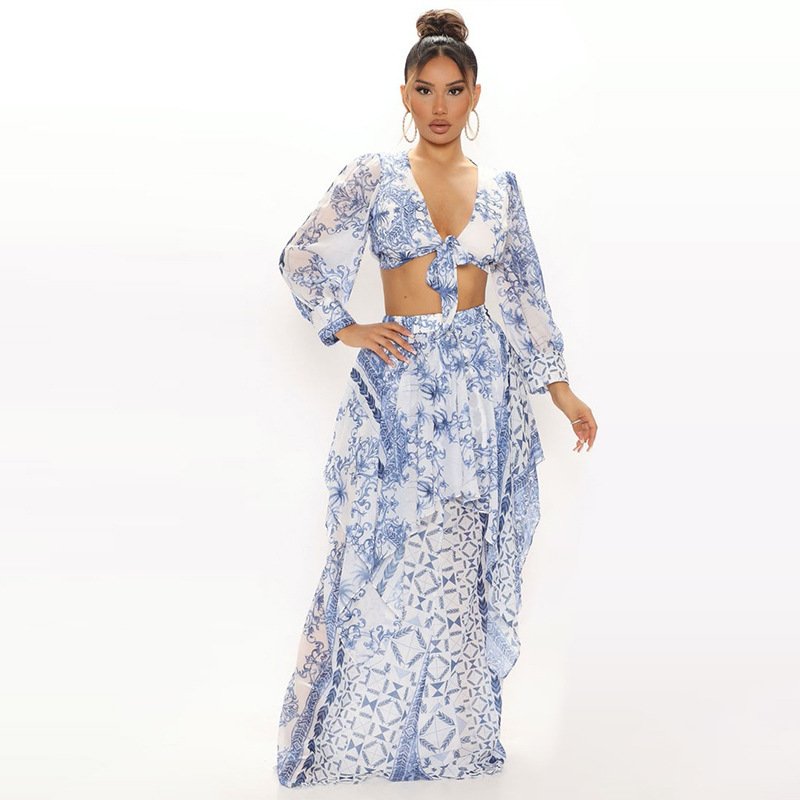Hot sales pretty set 2 pieces dropped shoulder top with maxi women skirt floral pattern casual dresses
