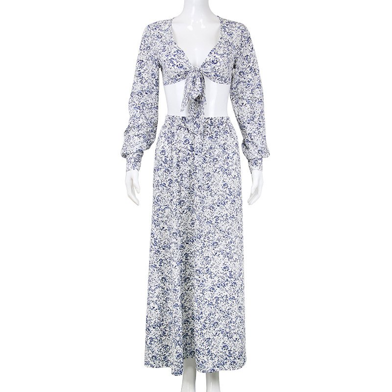 Hot sales pretty set 2 pieces dropped shoulder top with maxi women skirt floral pattern casual dresses