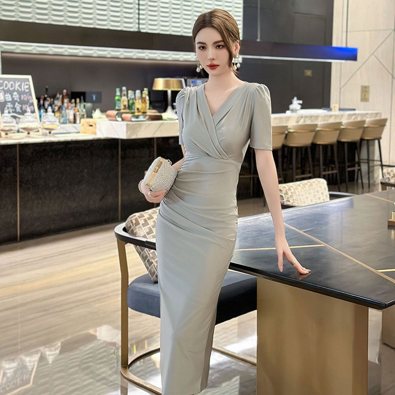ZYHT 30167 Summer Fashion Women Clothing Hot Sale Solid Maxi Bodycon Simple Retro V Neck Spandex Long Purple Casual Dress