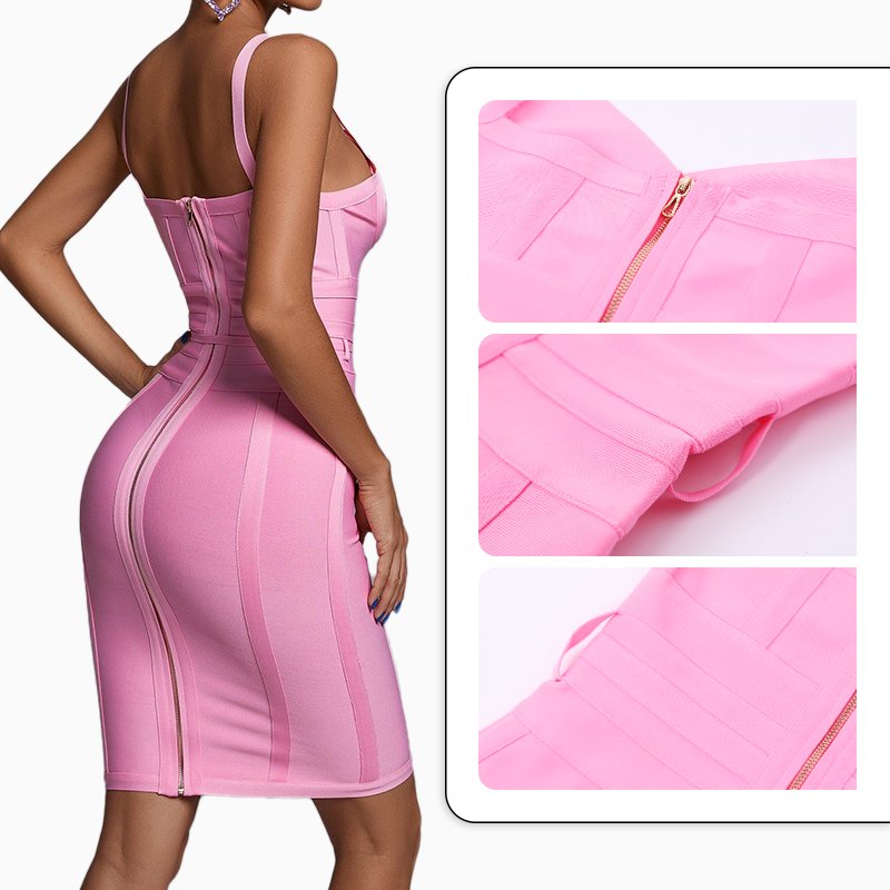 Summer Women Fashion V Neck Sleeveless Pink White Polyester Belt Bodycon Bandage Midi Sexy Casual Party Dress
