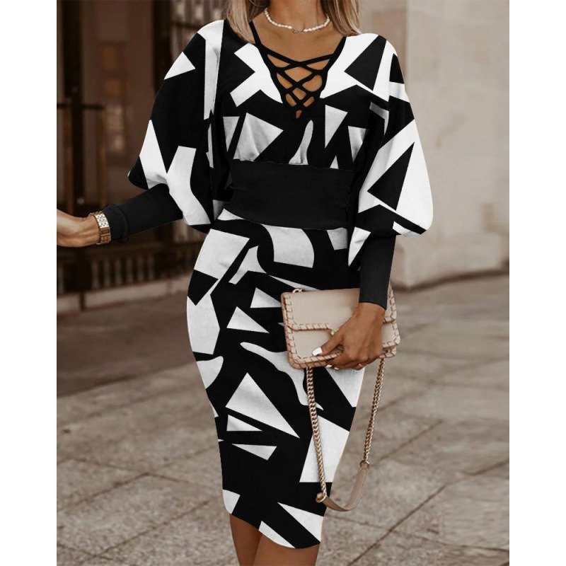 European American Women's Popular Fashion Print Long-Sleeved Dress Casual V-Neck One-Step Knee-Length skirt Sustainable Washable