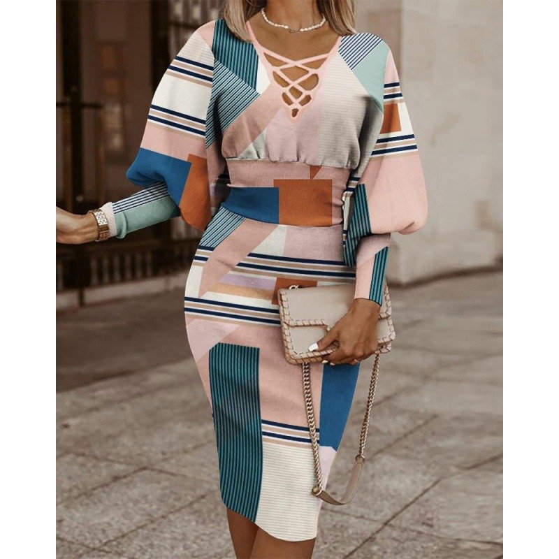 European American Women's Popular Fashion Print Long-Sleeved Dress Casual V-Neck One-Step Knee-Length skirt Sustainable Washable