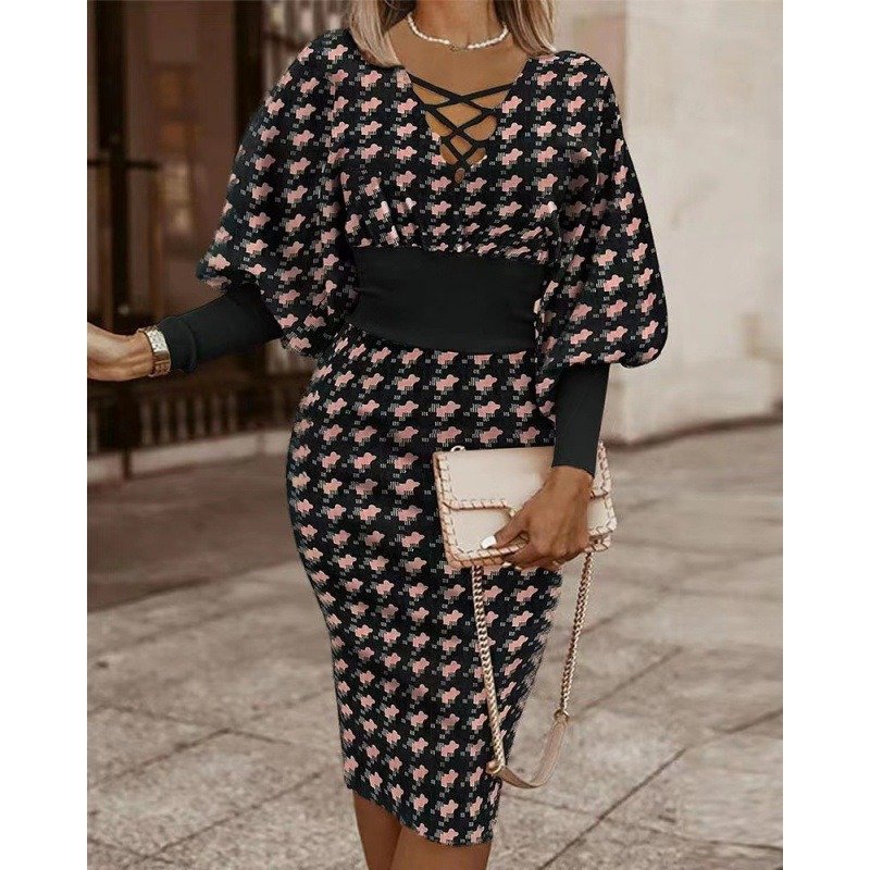 European American Women's Popular Fashion Print Long-Sleeved Dress Casual V-Neck One-Step Knee-Length skirt Sustainable Washable