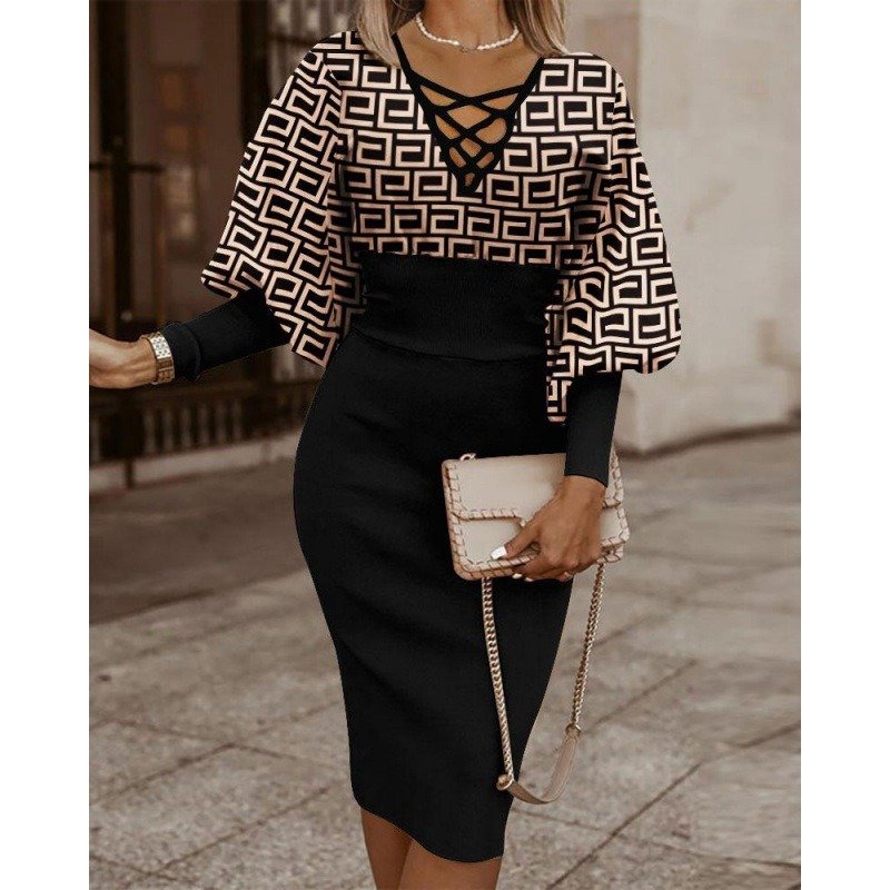 European American Women's Popular Fashion Print Long-Sleeved Dress Casual V-Neck One-Step Knee-Length skirt Sustainable Washable
