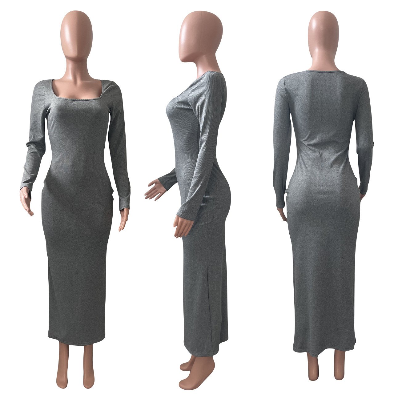 OLAF Women Casual Dress Plain Long Sleeves Square Neck A-line Slim Knitted Evening Dress Women Maxi Bodycon Dress