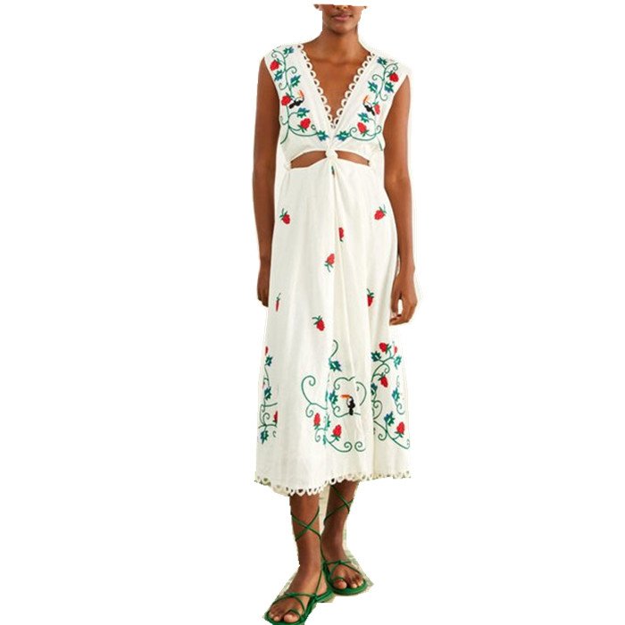 Cute Strawberry Embroidered V-neck Sleeveless Tank Top Dress for Women's Casual Dress