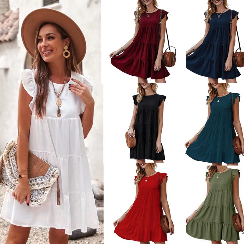 2024 Europe Summer New Solid Color Round Neck Short-Sleeved Casual Cake Skirt Pleated Large Swing Skirt Dress