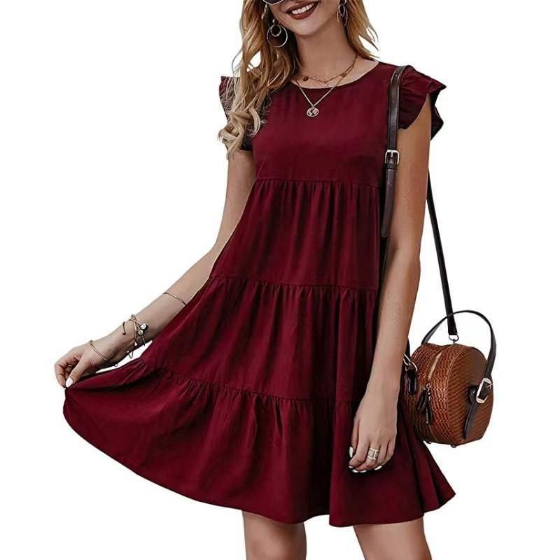 2024 Europe Summer New Solid Color Round Neck Short-Sleeved Casual Cake Skirt Pleated Large Swing Skirt Dress