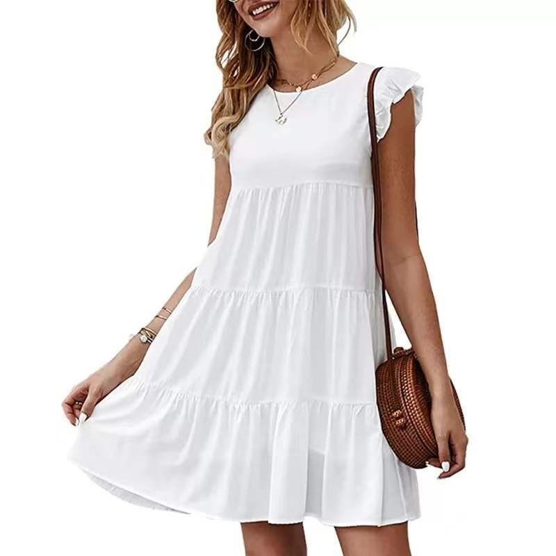2024 Europe Summer New Solid Color Round Neck Short-Sleeved Casual Cake Skirt Pleated Large Swing Skirt Dress