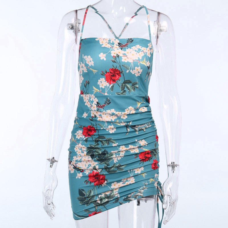 2023 New floral print summer casual off shoulder drawstring ruched sexy halter strap ladies satin mini dress for party