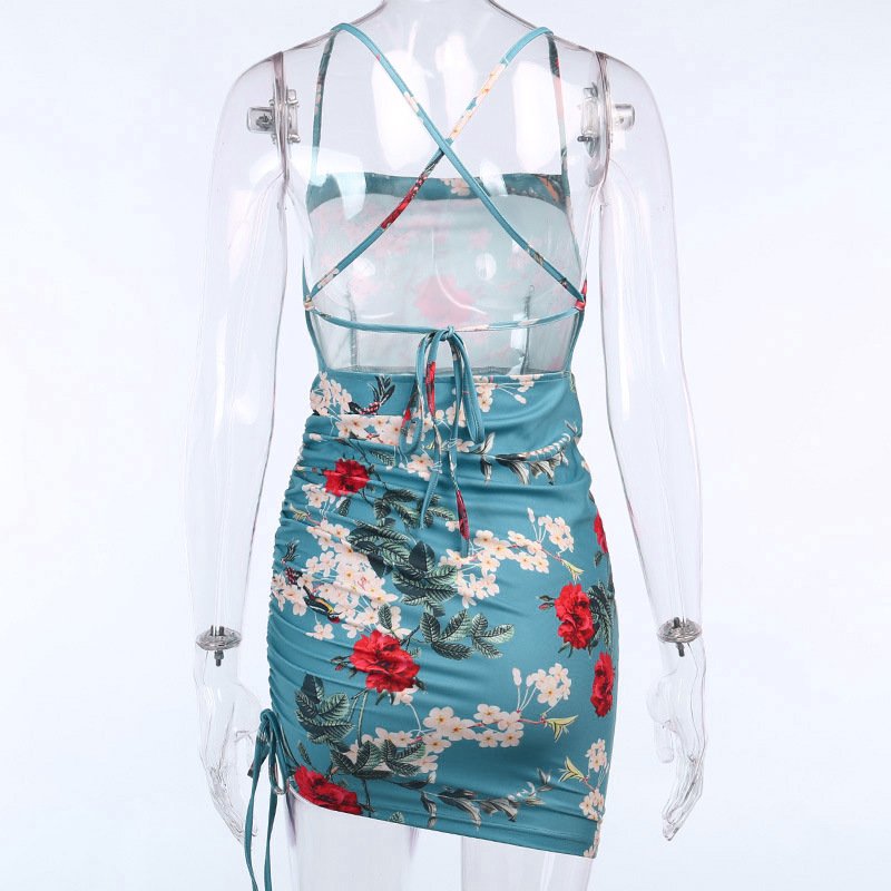 2023 New floral print summer casual off shoulder drawstring ruched sexy halter strap ladies satin mini dress for party