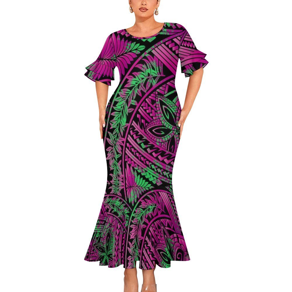 2024 New style Samoan Puletasi Tapa Floral Dress Polynesian Tribal Mermaid Dress Double Cuff Round Neck Fishtail Dress