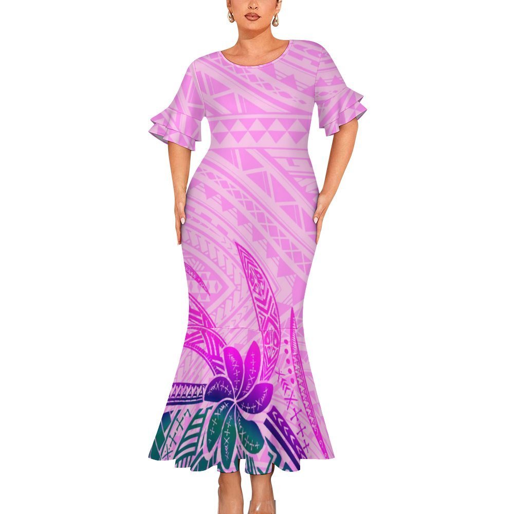 2024 New style Samoan Puletasi Tapa Floral Dress Polynesian Tribal Mermaid Dress Double Cuff Round Neck Fishtail Dress