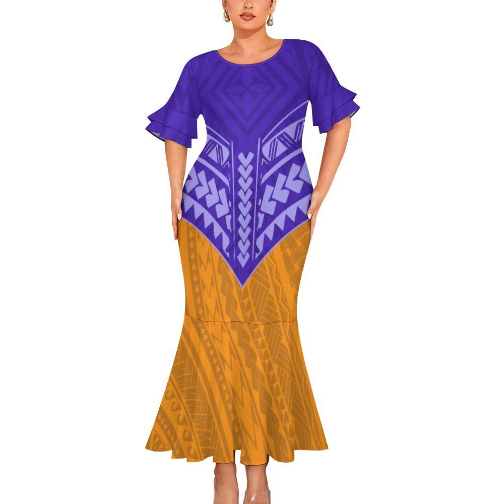 2024 New style Samoan Puletasi Tapa Floral Dress Polynesian Tribal Mermaid Dress Double Cuff Round Neck Fishtail Dress