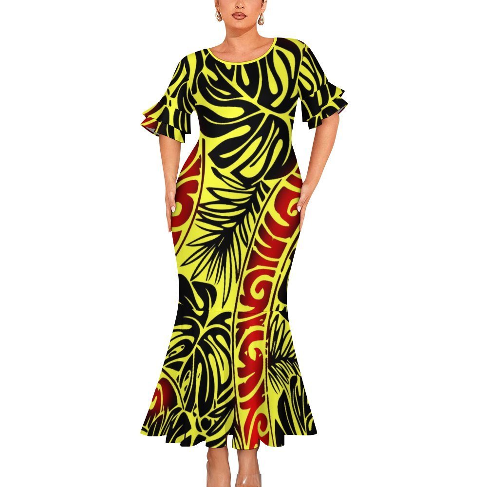 2024 New style Samoan Puletasi Tapa Floral Dress Polynesian Tribal Mermaid Dress Double Cuff Round Neck Fishtail Dress