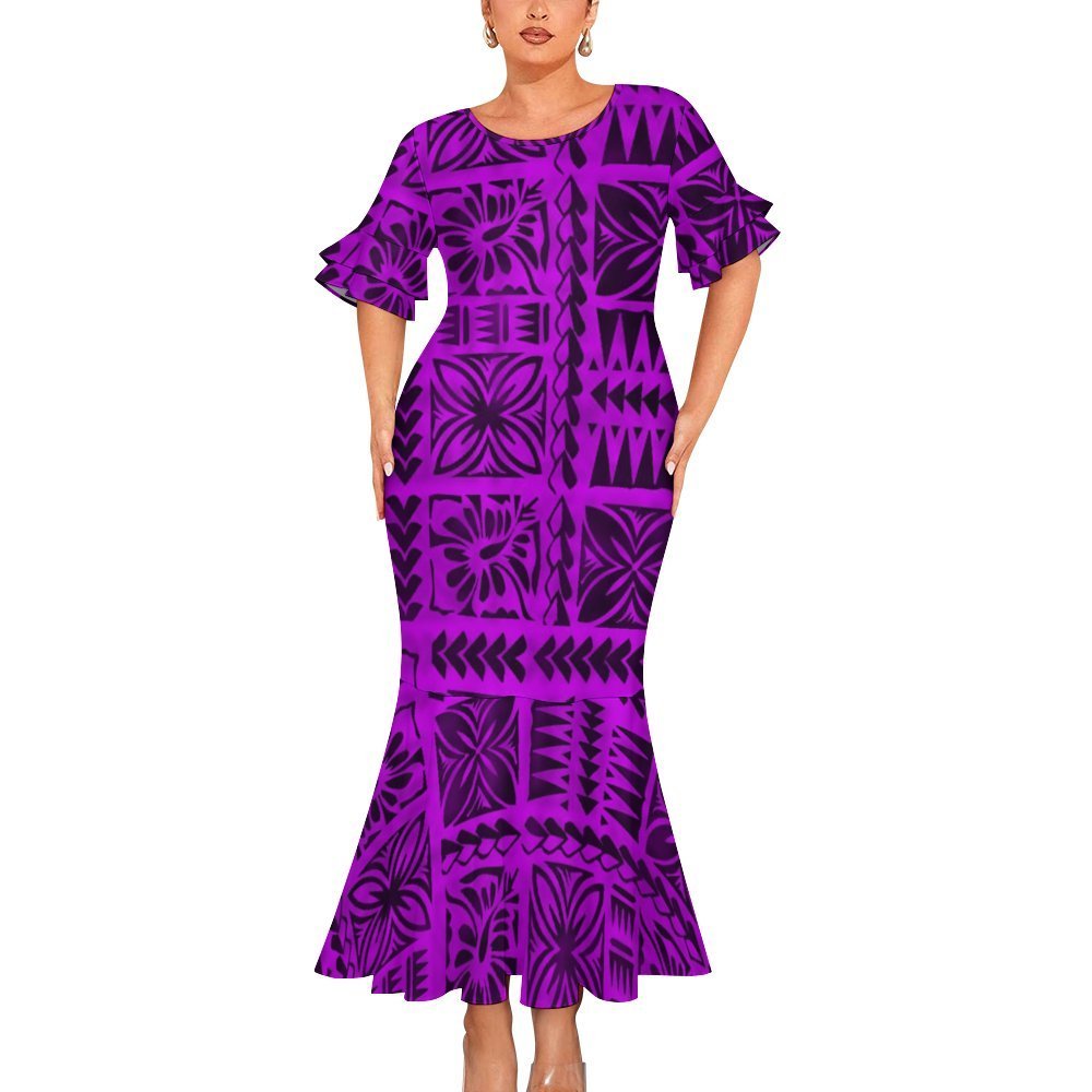 2024 New style Samoan Puletasi Tapa Floral Dress Polynesian Tribal Mermaid Dress Double Cuff Round Neck Fishtail Dress
