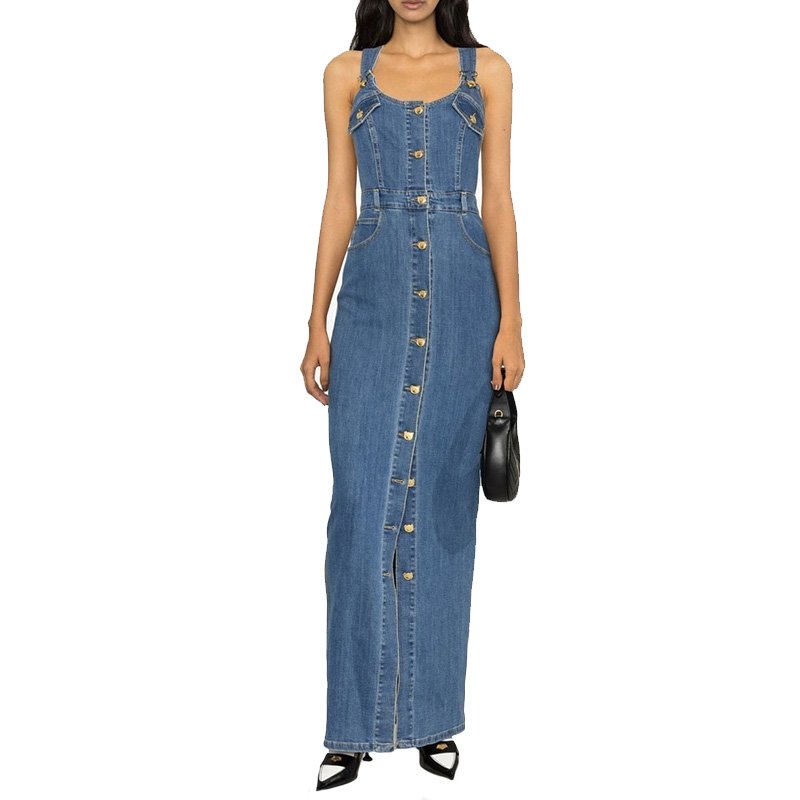 ShanLai Custom Lady Overall Denim Dress/OEM Halter Sleeveless Maxi Jean Dress For Women