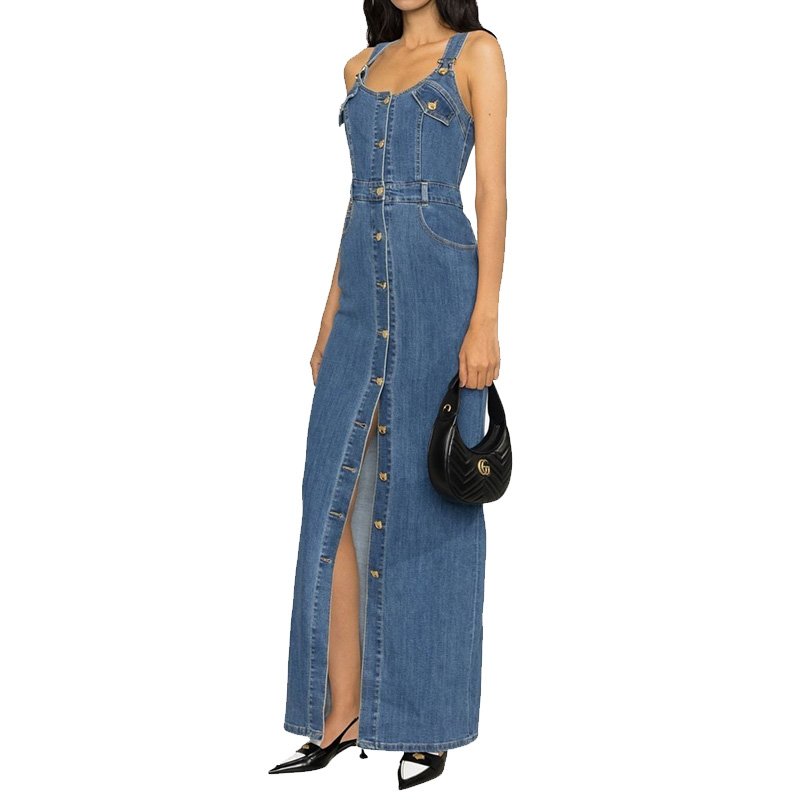 ShanLai Custom Lady Overall Denim Dress/OEM Halter Sleeveless Maxi Jean Dress For Women