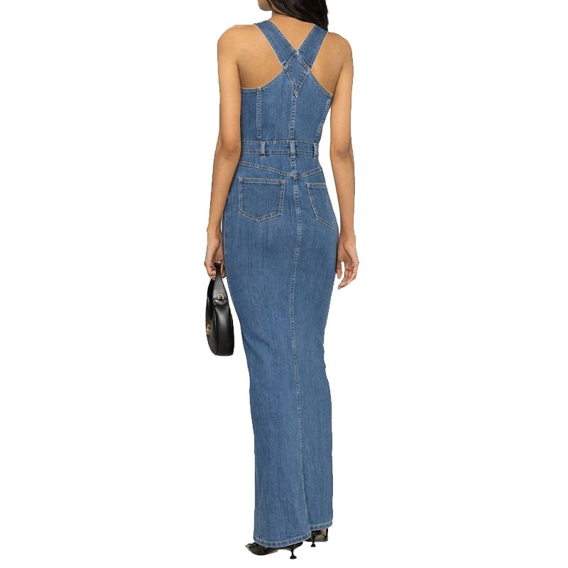 ShanLai Custom Lady Overall Denim Dress/OEM Halter Sleeveless Maxi Jean Dress For Women