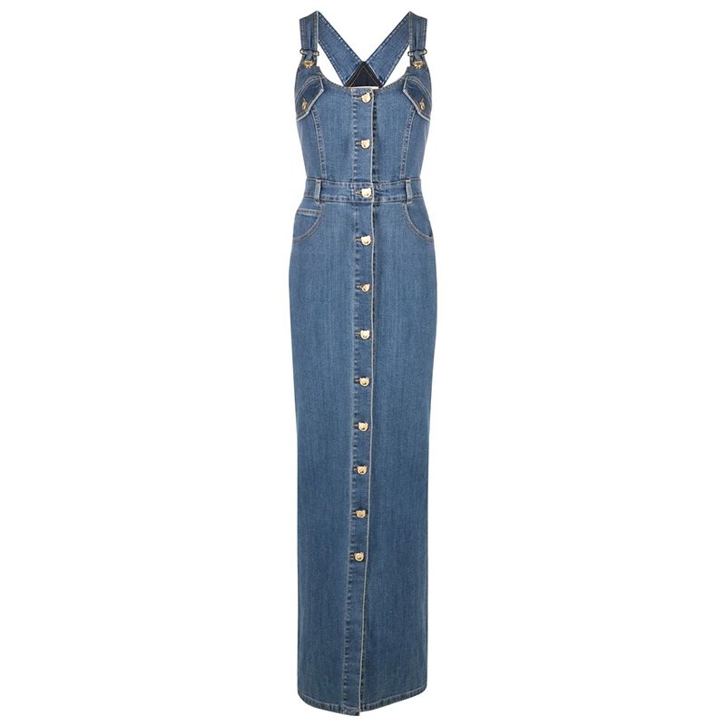ShanLai Custom Lady Overall Denim Dress/OEM Halter Sleeveless Maxi Jean Dress For Women