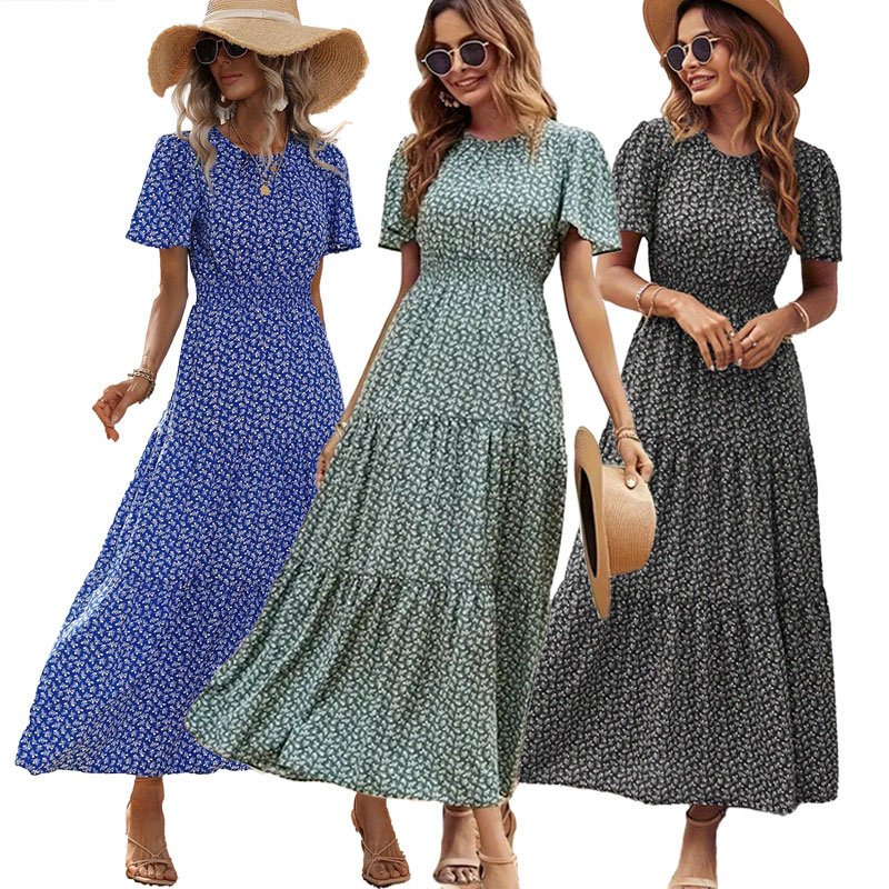 Casual Dress Allover Ditsy Floral Print Ruffle Sleeve A line Dresses Elegant Shirred Waist Summer Beach Sweet Dress