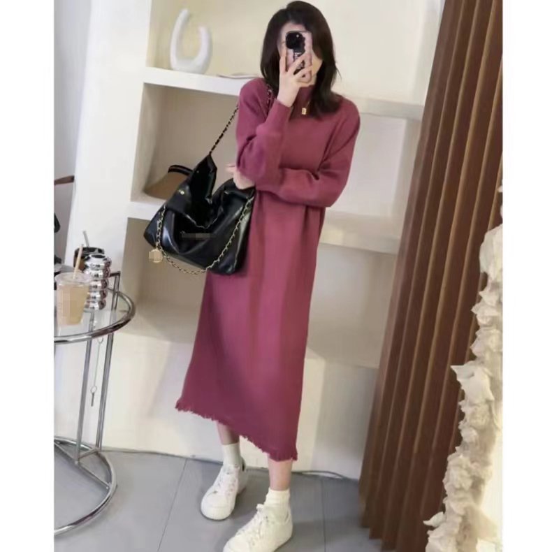 Gentle Wind Women's Autumn And Winter Thin New High Collar Long Knitted Sweater Dress