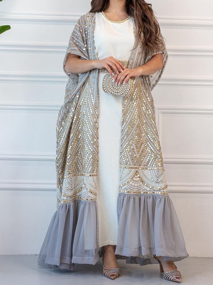 Middle East printed fashion casual embroidery bat sleeve pleated vest waistband loose and slimming dress two-piece set