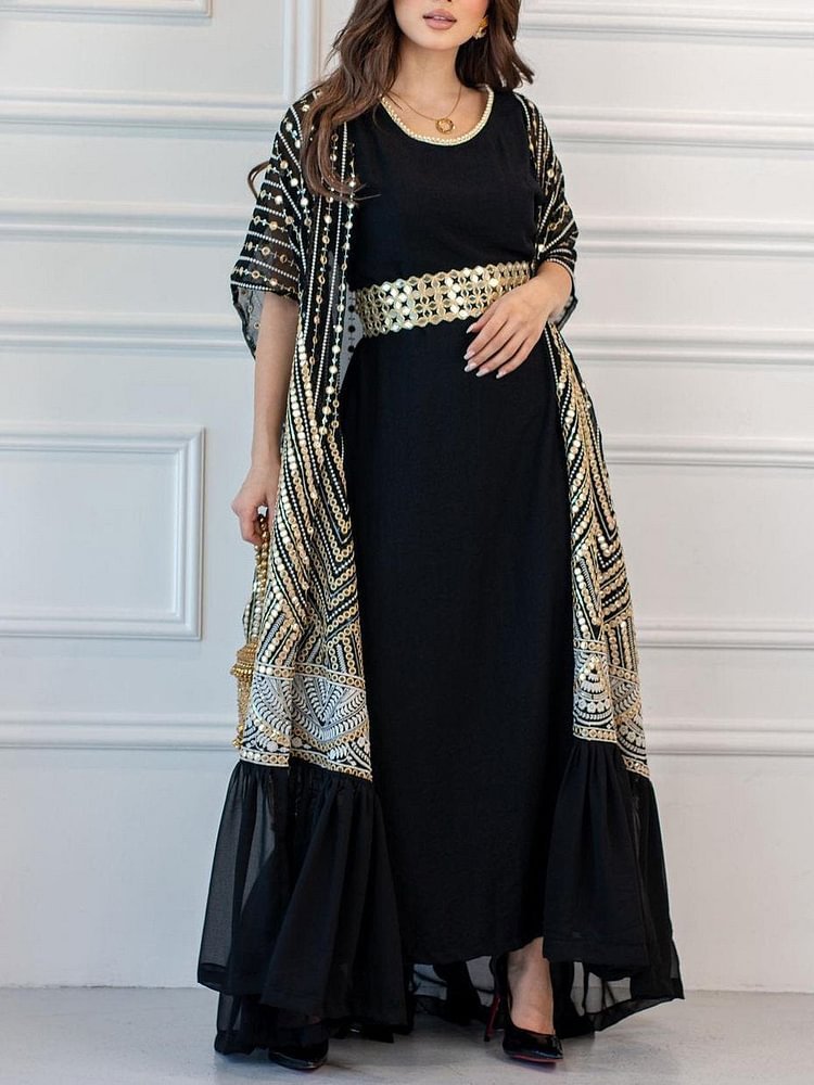 Middle East printed fashion casual embroidery bat sleeve pleated vest waistband loose and slimming dress two-piece set