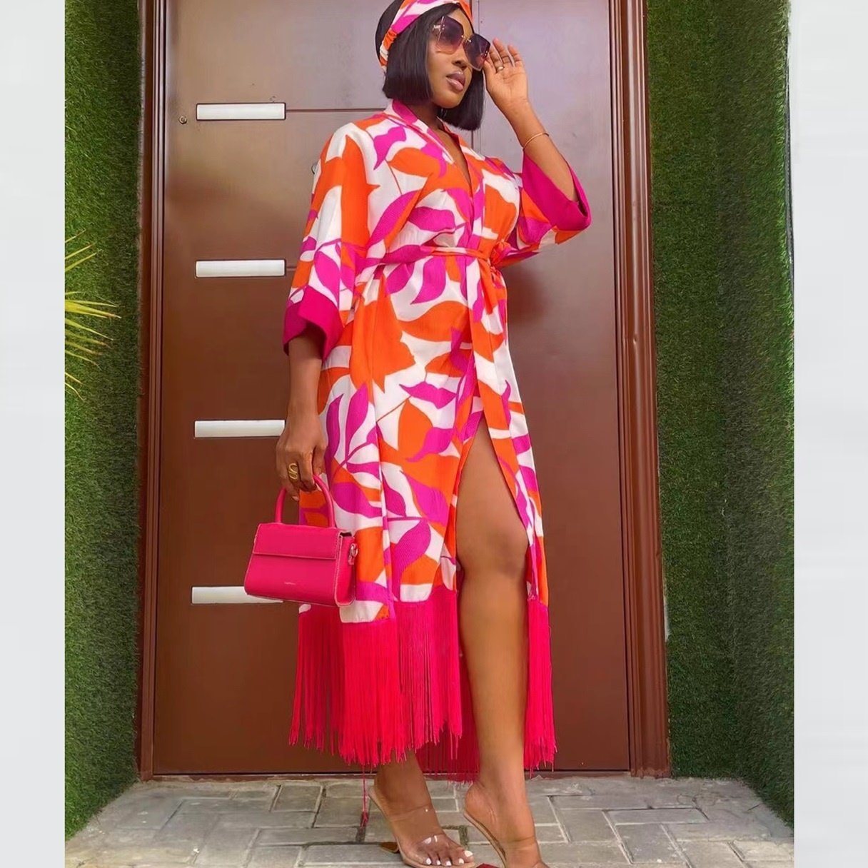 New Fashion Bright Color Tie Dyed Printed Tassel Skirt Loose Cardigan African Women Sexy Casual Dress