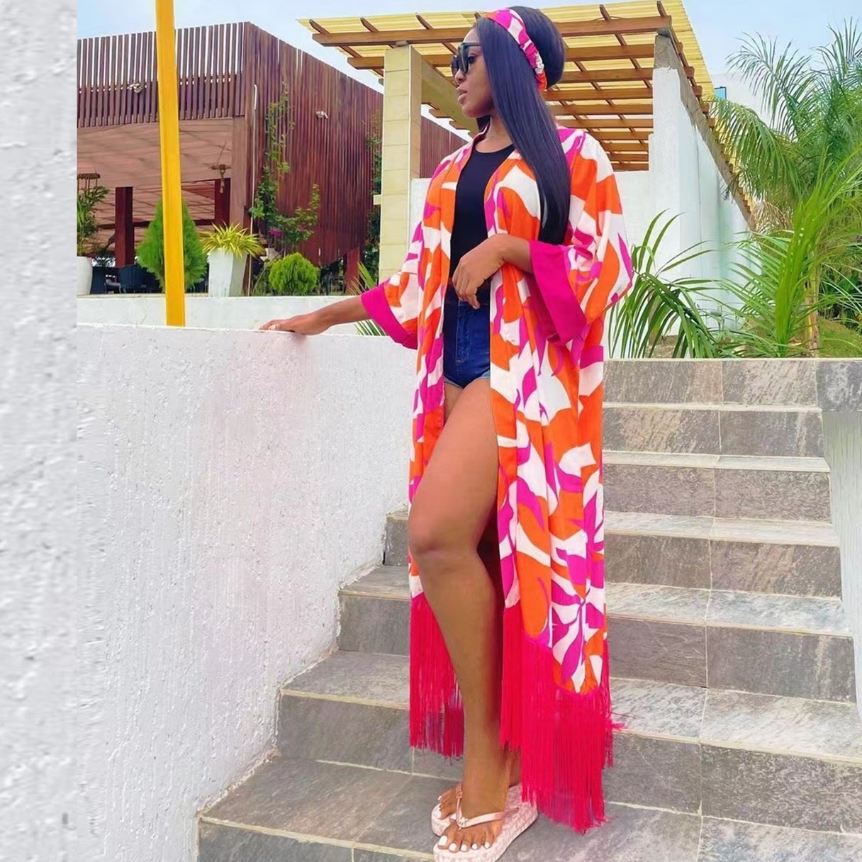 New Fashion Bright Color Tie Dyed Printed Tassel Skirt Loose Cardigan African Women Sexy Casual Dress