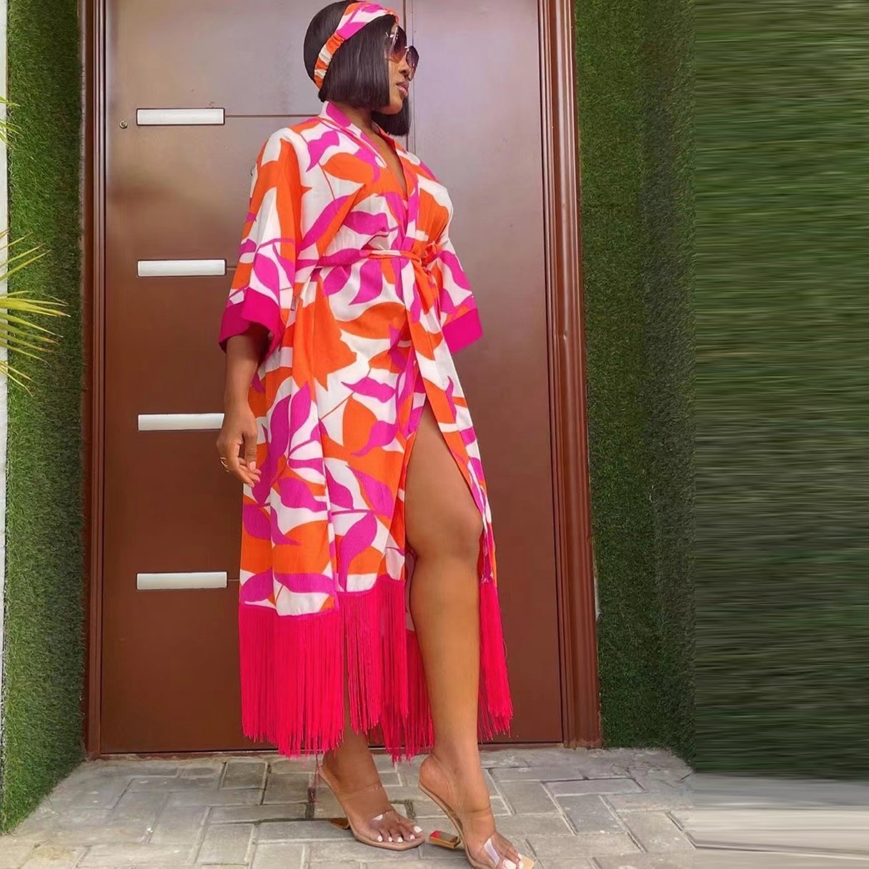 New Fashion Bright Color Tie Dyed Printed Tassel Skirt Loose Cardigan African Women Sexy Casual Dress
